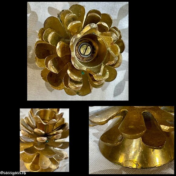 🆕VTG▪️Mid-Century Set of 4 Heavy Brass Pine Cone Taper Candle Holders - Picture 10 of 10